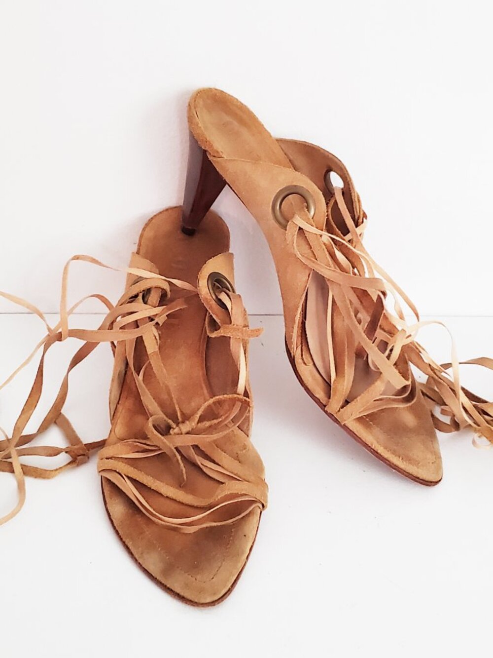 Miu Miu Brown Suede Strappy Wood Heel Lace Up Shoes Size EU 38.5